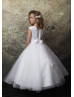 Pearls Neck White Satin Glitter Tulle Flower Girl Dress